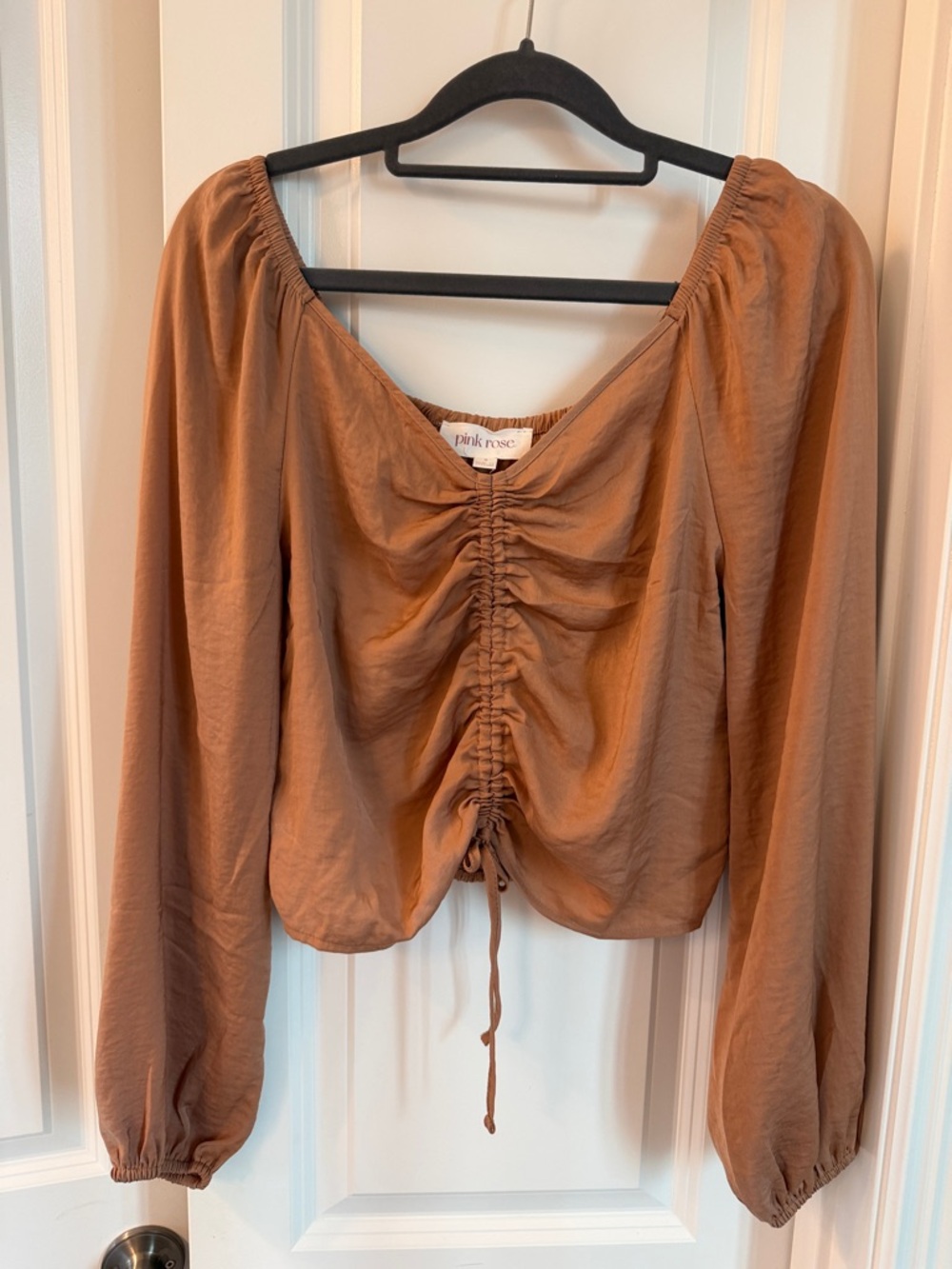 Pink Rose Ruched Long-Sleeve Crop Top — Rust